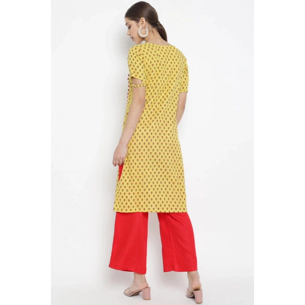 Generic Women's Casual Short Sleeves Floral Printed Cotton &amp; Rayon Kurti Palazzo Set (Yellow &amp; Red)