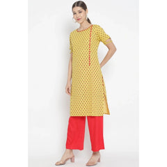 Generic Women's Casual Short Sleeves Floral Printed Cotton &amp; Rayon Kurti Palazzo Set (Yellow &amp; Red)