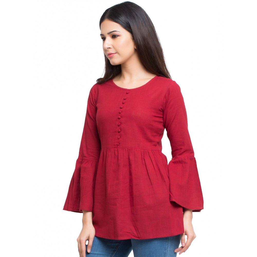 Generic Women's Casual Bell Sleeves Solid Cotton Top (Maroon)