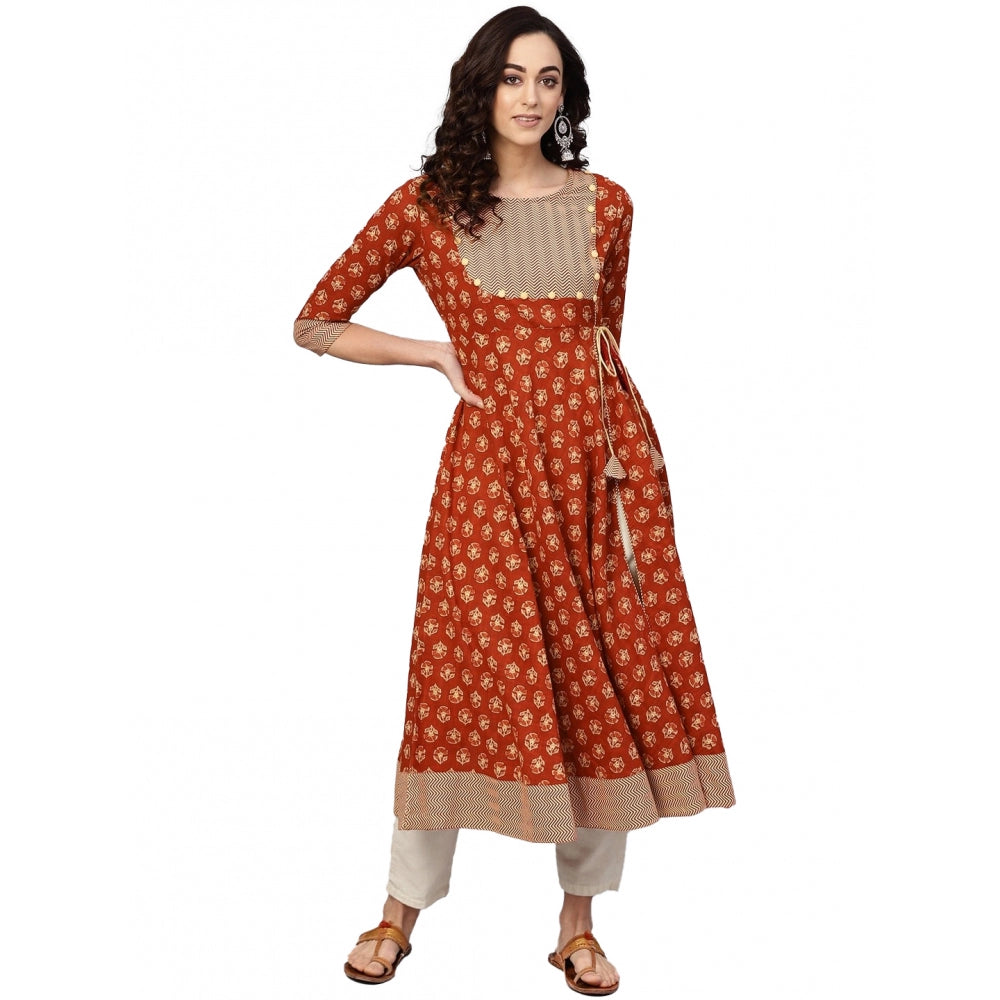 Generic Women's Casual 3/4 th Sleeve Floral Printed Cotton Slub Kurti (Brown)