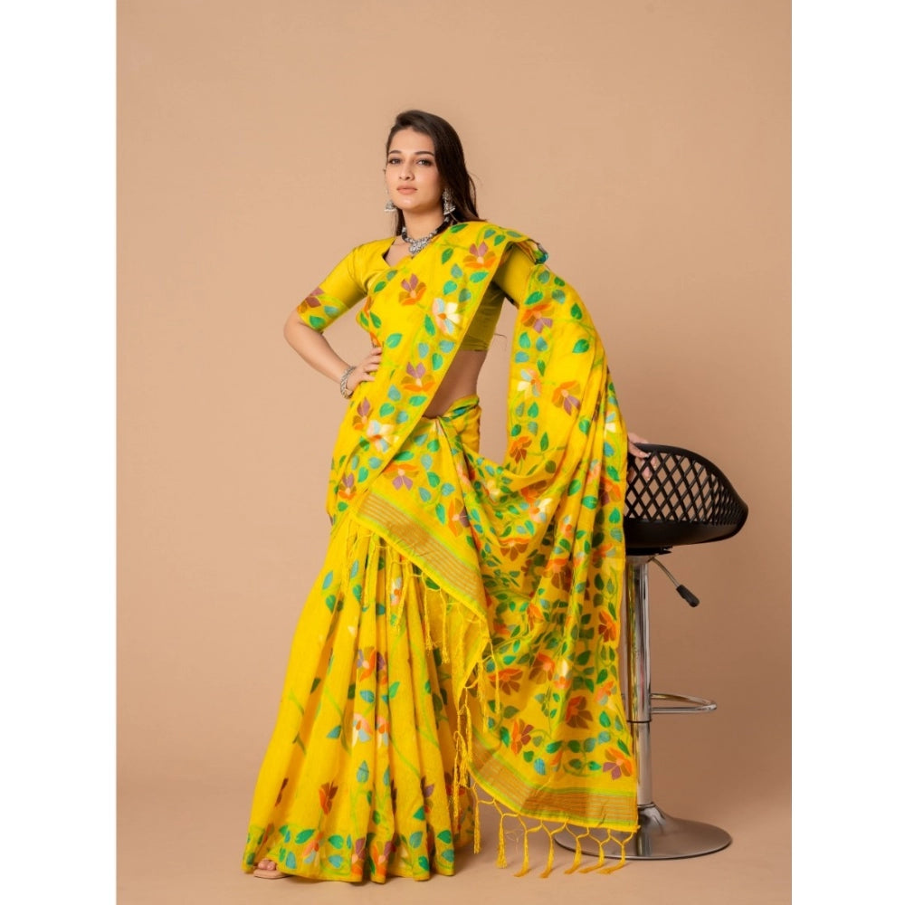 Generic Women's Cotton Printed Saree With Unstitched Blouse (Yellow, 5-6 Mtrs)