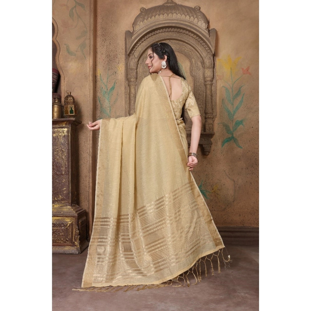 Generic Women's Soft Linen Striped Saree With Unstitched Blouse (Beige, 5-6 Mtrs)