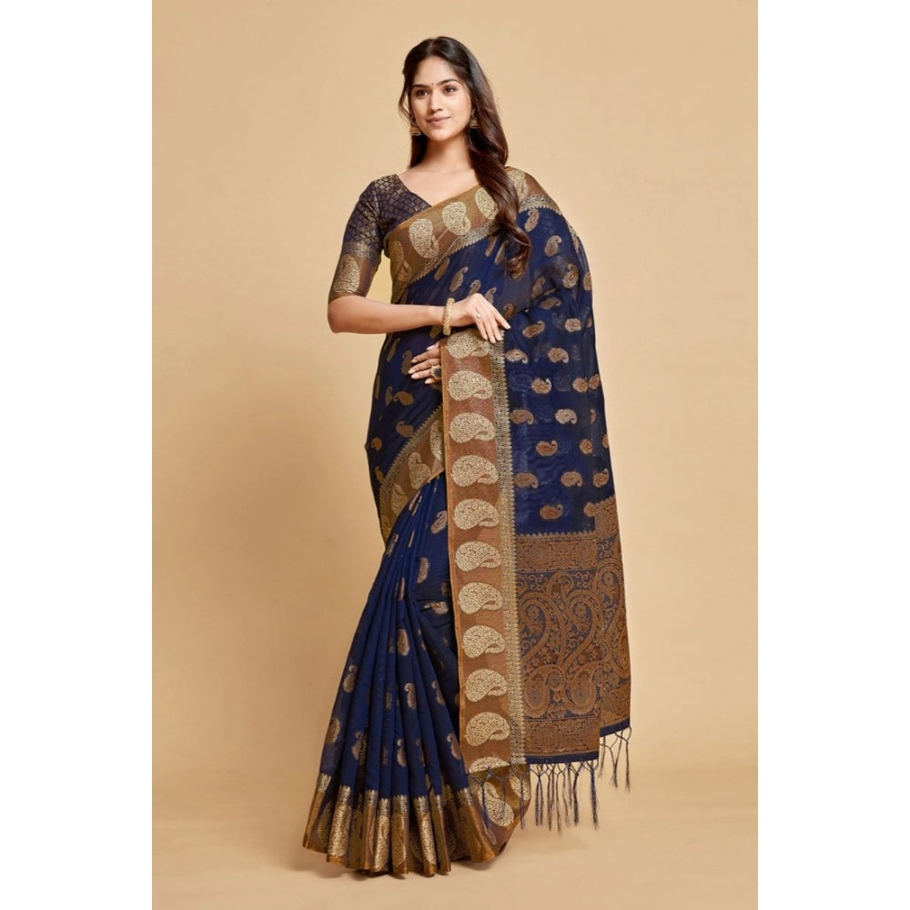 Generic Women's Chanderi Cotton Printed Saree With Unstitched Blouse (Navy Blue, 5-6 Mtrs)