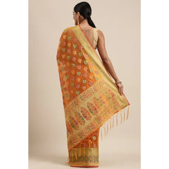 Generic Women's Organza Printed Saree With Unstitched Blouse (Mustard, 5-6 Mtrs)