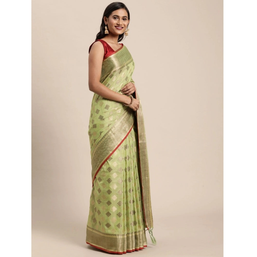 Generic Women's Chanderi Cotton Printed Saree With Unstitched Blouse (Pista, 5-6 Mtrs)