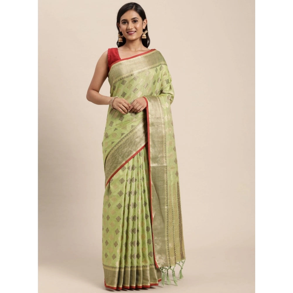 Generic Women's Chanderi Cotton Printed Saree With Unstitched Blouse (Pista, 5-6 Mtrs)