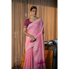 Generic Women's Mulmul Cotton Printed Saree With Unstitched Blouse (Pink, 5-6 Mtrs)