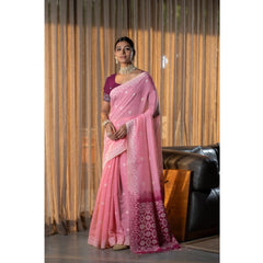 Generic Women's Mulmul Cotton Printed Saree With Unstitched Blouse (Pink, 5-6 Mtrs)