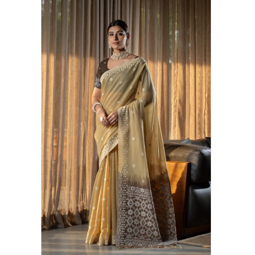 Generic Women's Mulmul Cotton Printed Saree With Unstitched Blouse (Beige, 5-6 Mtrs)