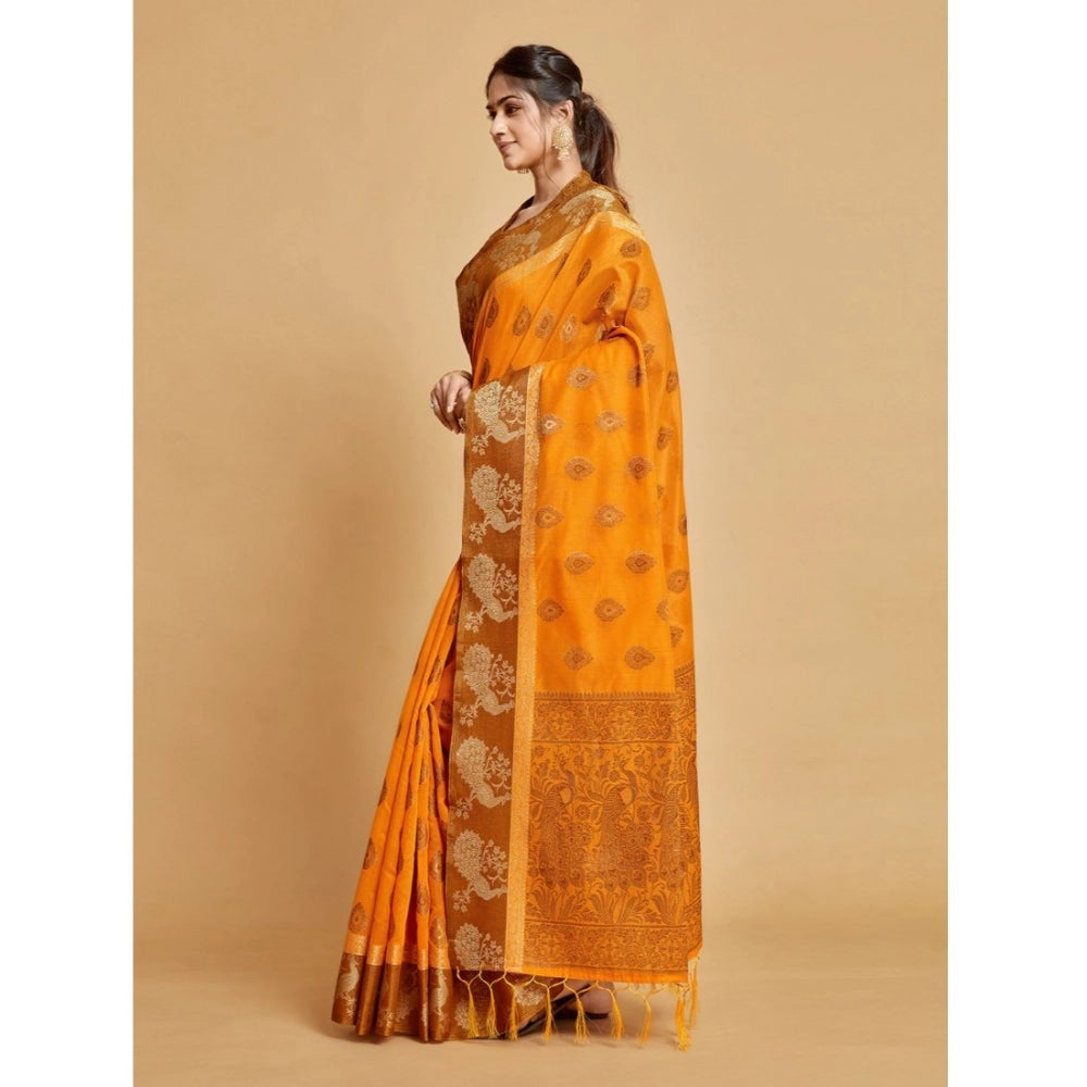 Generic Women's Organza Printed Saree With Unstitched Blouse (Mustard, 5-6 Mtrs)