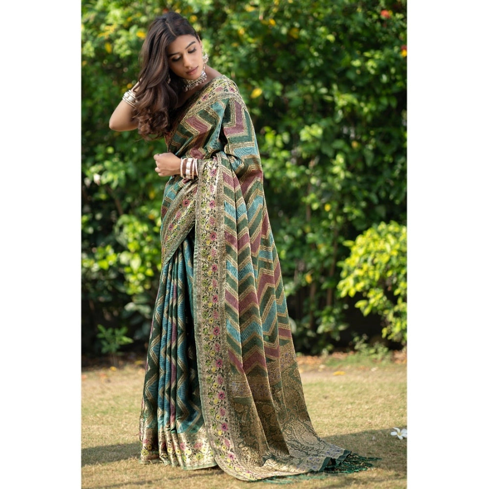 Generic Women's Organza Printed Saree With Unstitched Blouse (Green, 5-6 Mtrs)