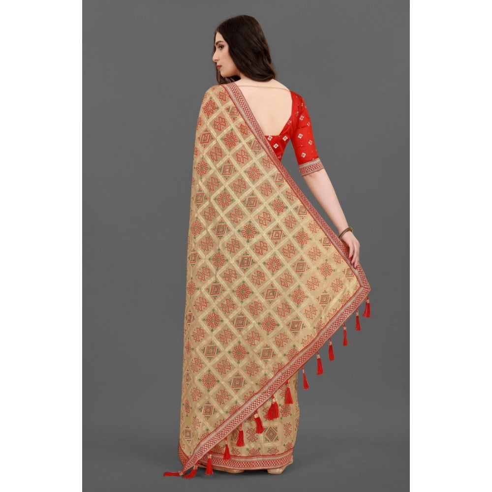 Generic Women's Soft Silk Printed Saree With Unstitched Blouse (Beige, 5-6 Mtrs)