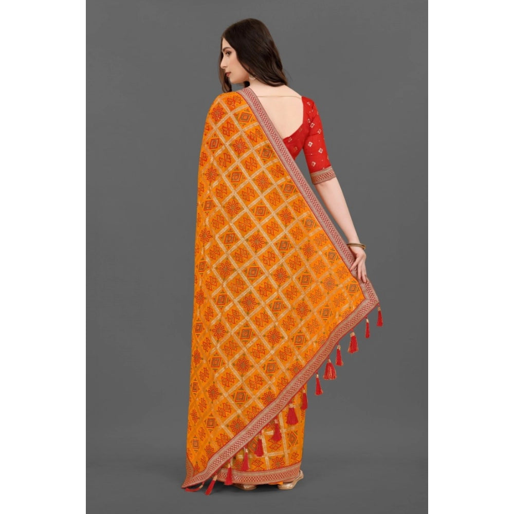 Generic Women's Soft Silk Printed Saree With Unstitched Blouse (Mustard, 5-6 Mtrs)