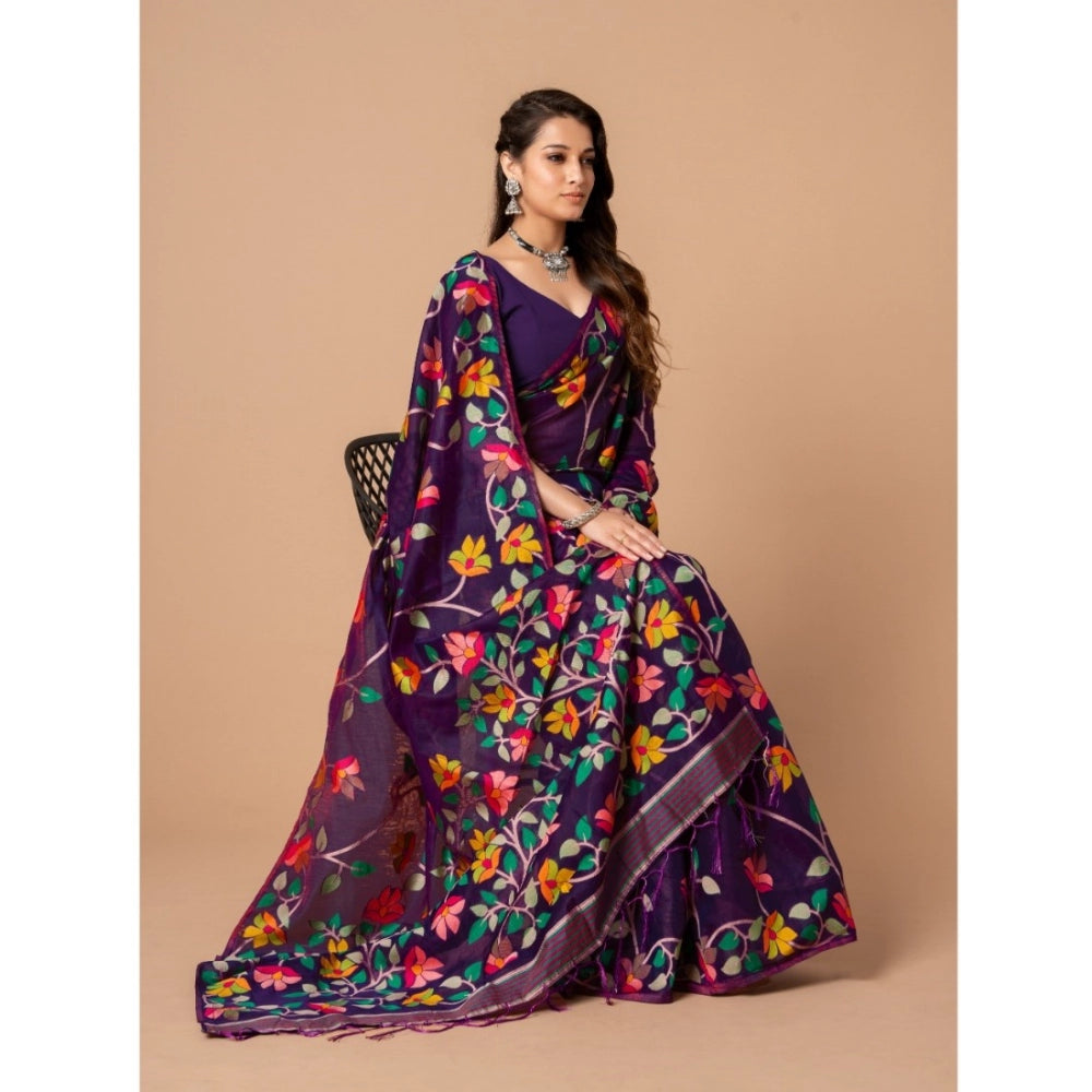 Generic Women's Cotton Printed Saree With Unstitched Blouse (Wine, 5-6 Mtrs)