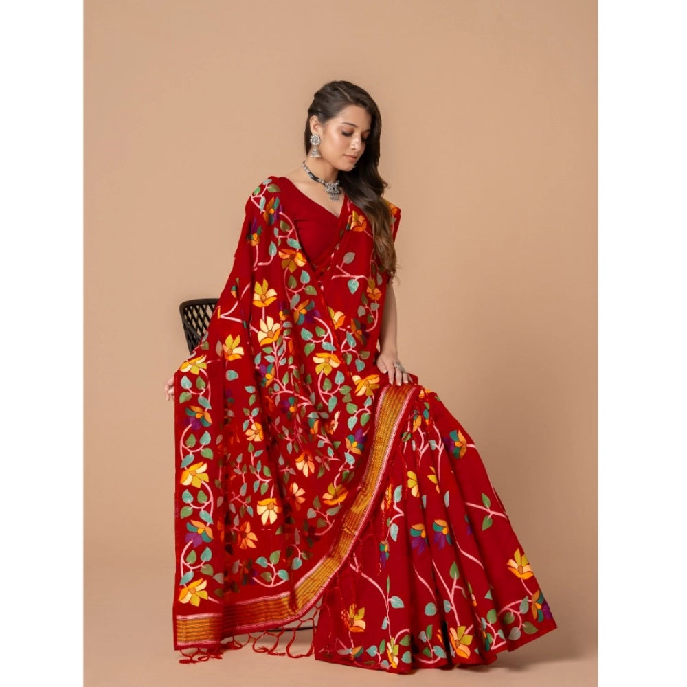 Generic Women's Cotton Printed Saree With Unstitched Blouse (Red, 5-6 Mtrs)