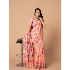 Generic Women's Cotton Printed Saree With Unstitched Blouse (Pink, 5-6 Mtrs)