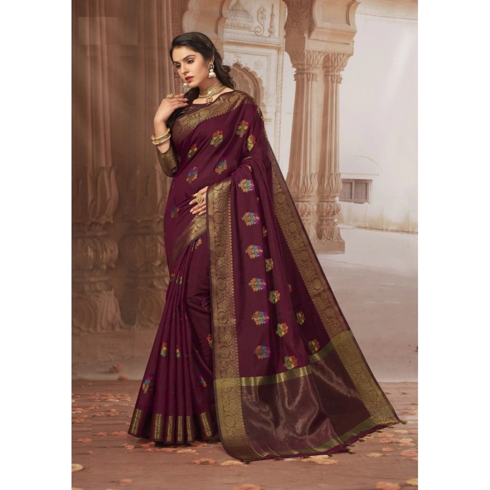 Generic Women's Chanderi Cotton Printed Saree With Unstitched Blouse (Maroon, 5-6 Mtrs)