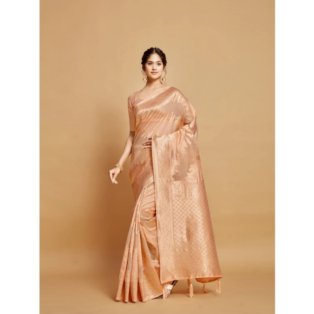 Generic Women's Linen Printed Saree With Unstitched Blouse (Peach, 5-6 Mtrs)