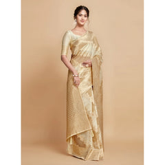 Generic Women's Linen Printed Saree With Unstitched Blouse (Beige, 5-6 Mtrs)