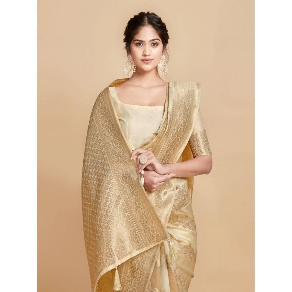 Generic Women's Linen Printed Saree With Unstitched Blouse (Beige, 5-6 Mtrs)