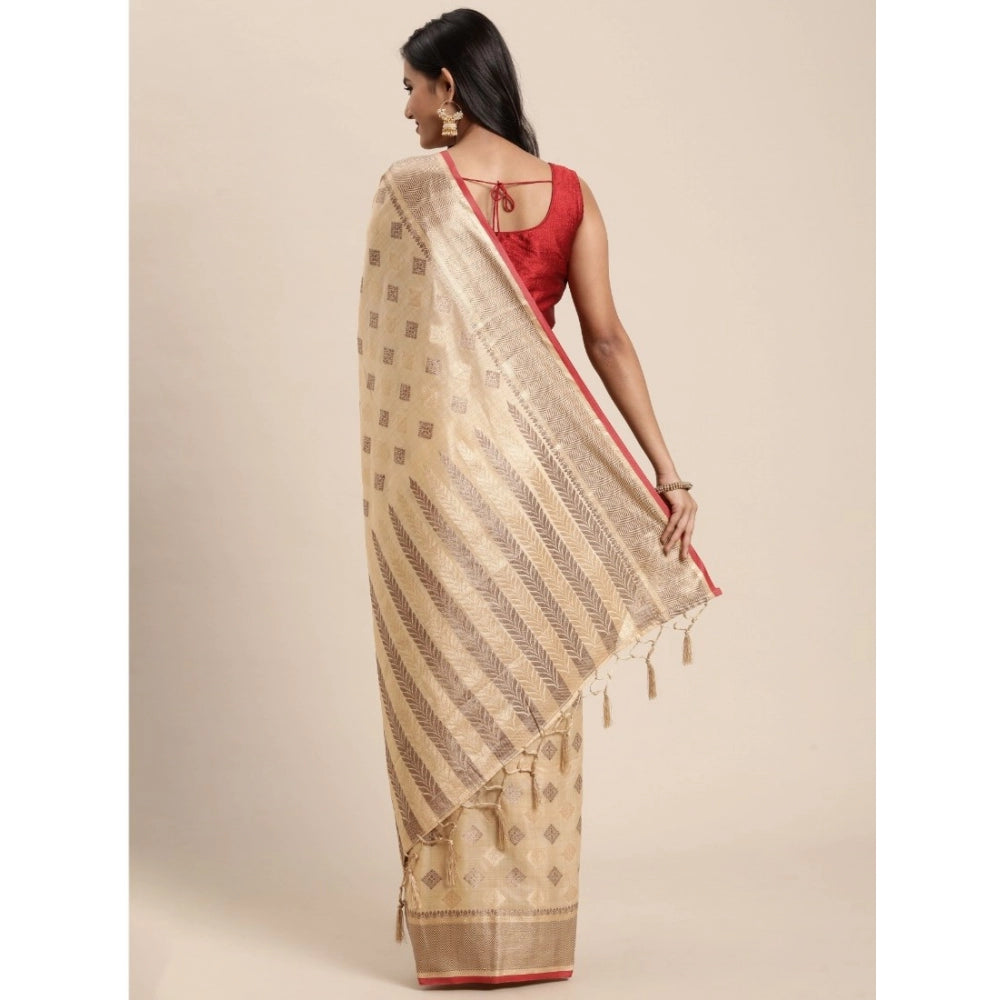 Generic Women's Chanderi Cotton Printed Saree With Unstitched Blouse (Beige, 5-6 Mtrs)