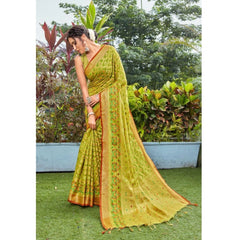 Generic Women's Organza Printed Saree With Unstitched Blouse (Olive, 5-6 Mtrs)