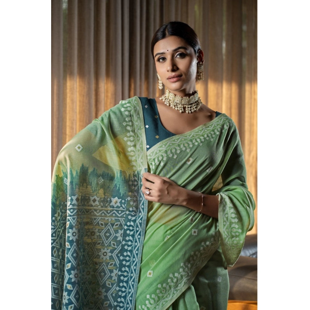 Generic Women's Mulmul Cotton Printed Saree With Unstitched Blouse (Green, 5-6 Mtrs)