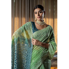 Generic Women's Mulmul Cotton Printed Saree With Unstitched Blouse (Green, 5-6 Mtrs)