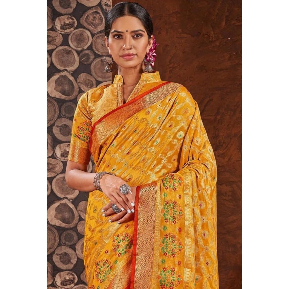 Generic Women's Organza Printed Saree With Unstitched Blouse (Yellow, 5-6 Mtrs)