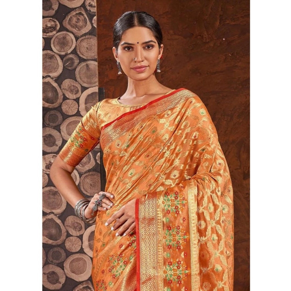 Generic Women's Organza Printed Saree With Unstitched Blouse (Orange, 5-6 Mtrs)