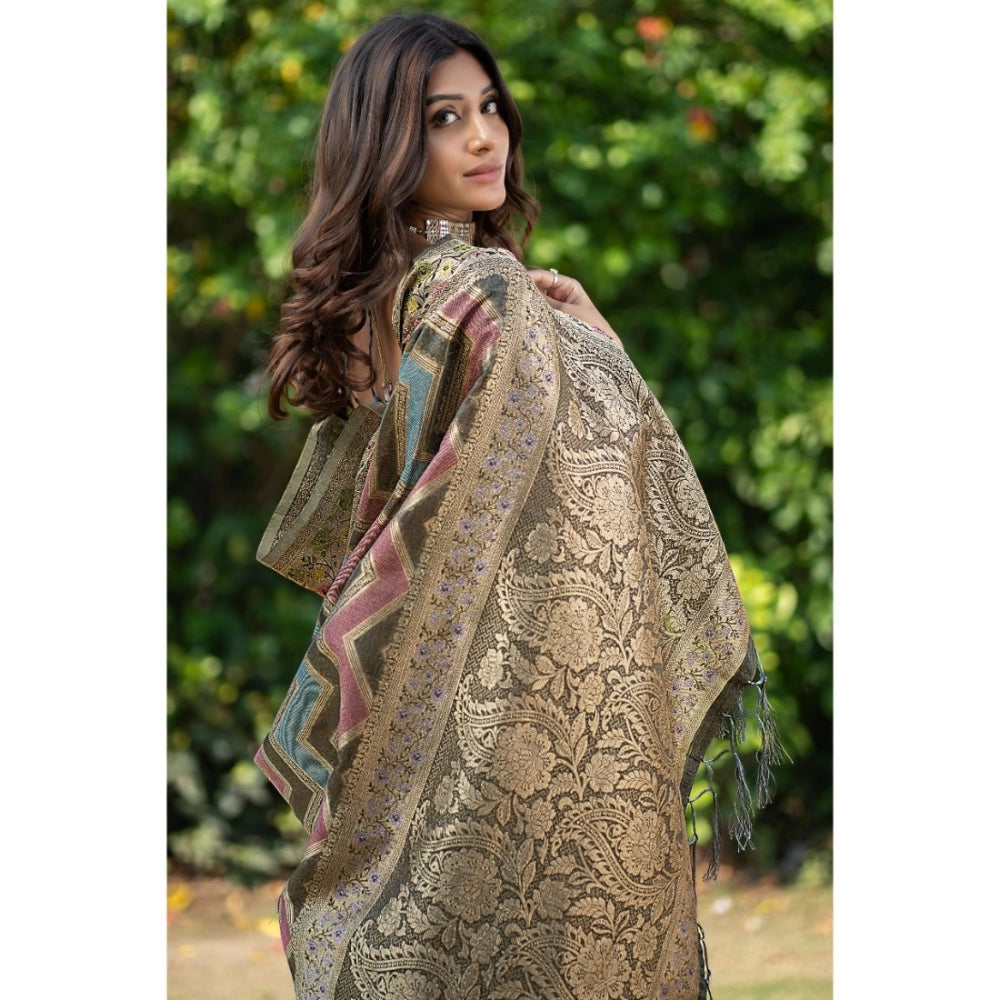 Generic Women's Organza Printed Saree With Unstitched Blouse (Grey, 5-6 Mtrs)