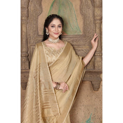 Generic Women's Soft Linen Striped Saree With Unstitched Blouse (Beige, 5-6 Mtrs)