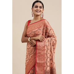 Generic Women's Chanderi Cotton Printed Saree With Unstitched Blouse (Peach, 5-6 Mtrs)