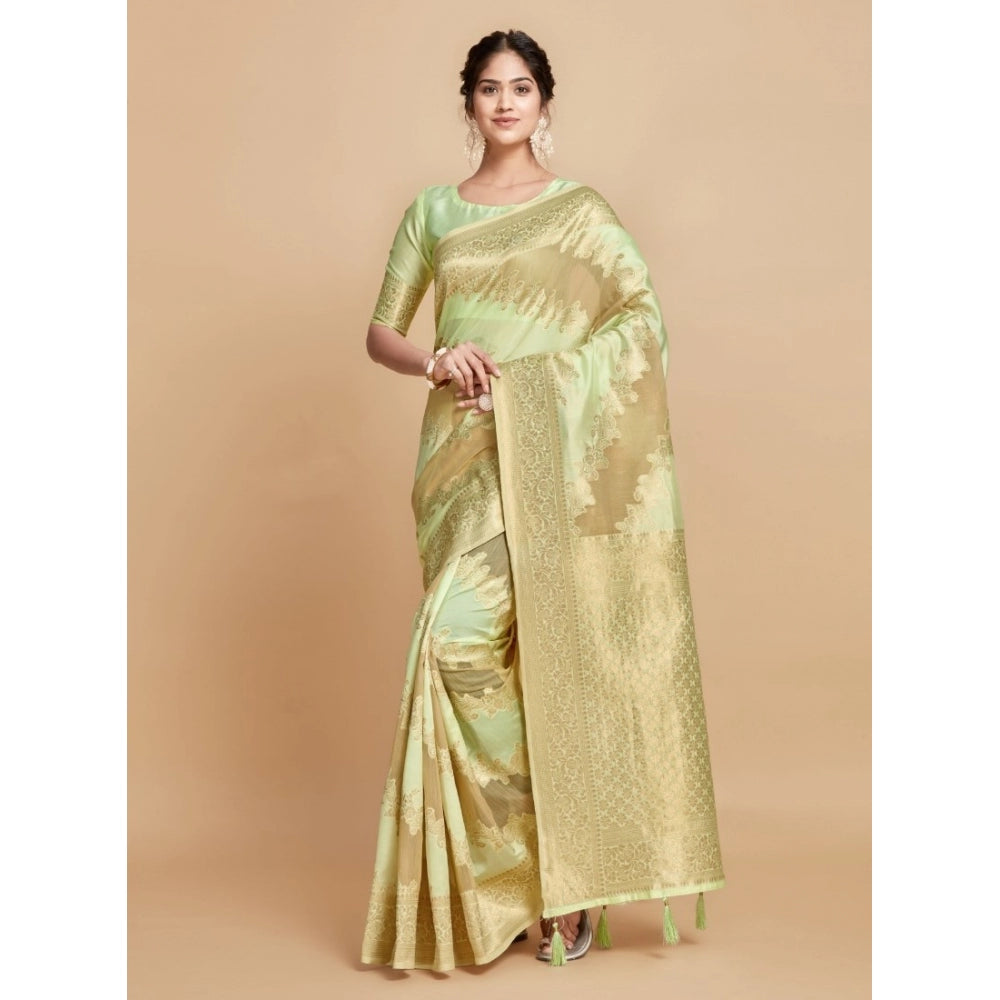 Generic Women's Linen Printed Saree With Unstitched Blouse (Pista, 5-6 Mtrs)