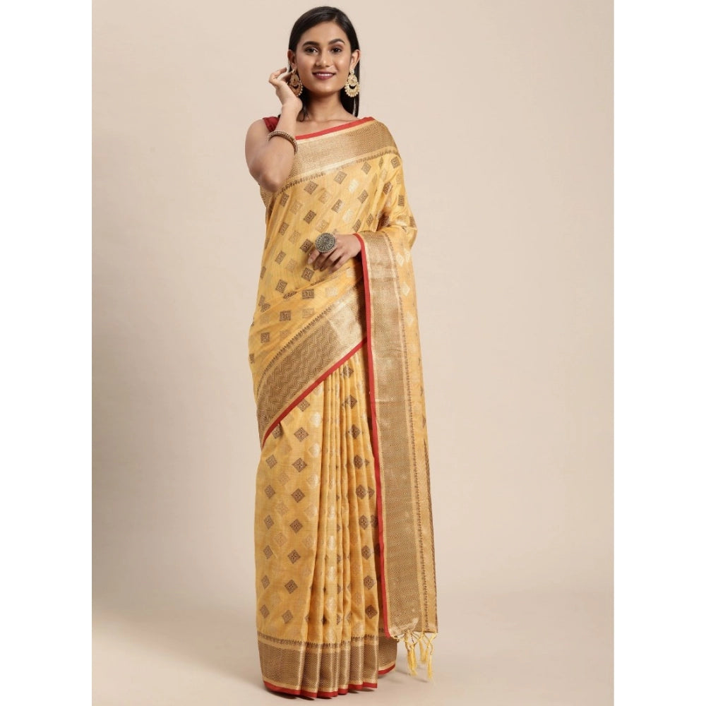 Generic Women's Chanderi Cotton Printed Saree With Unstitched Blouse (Yellow, 5-6 Mtrs)