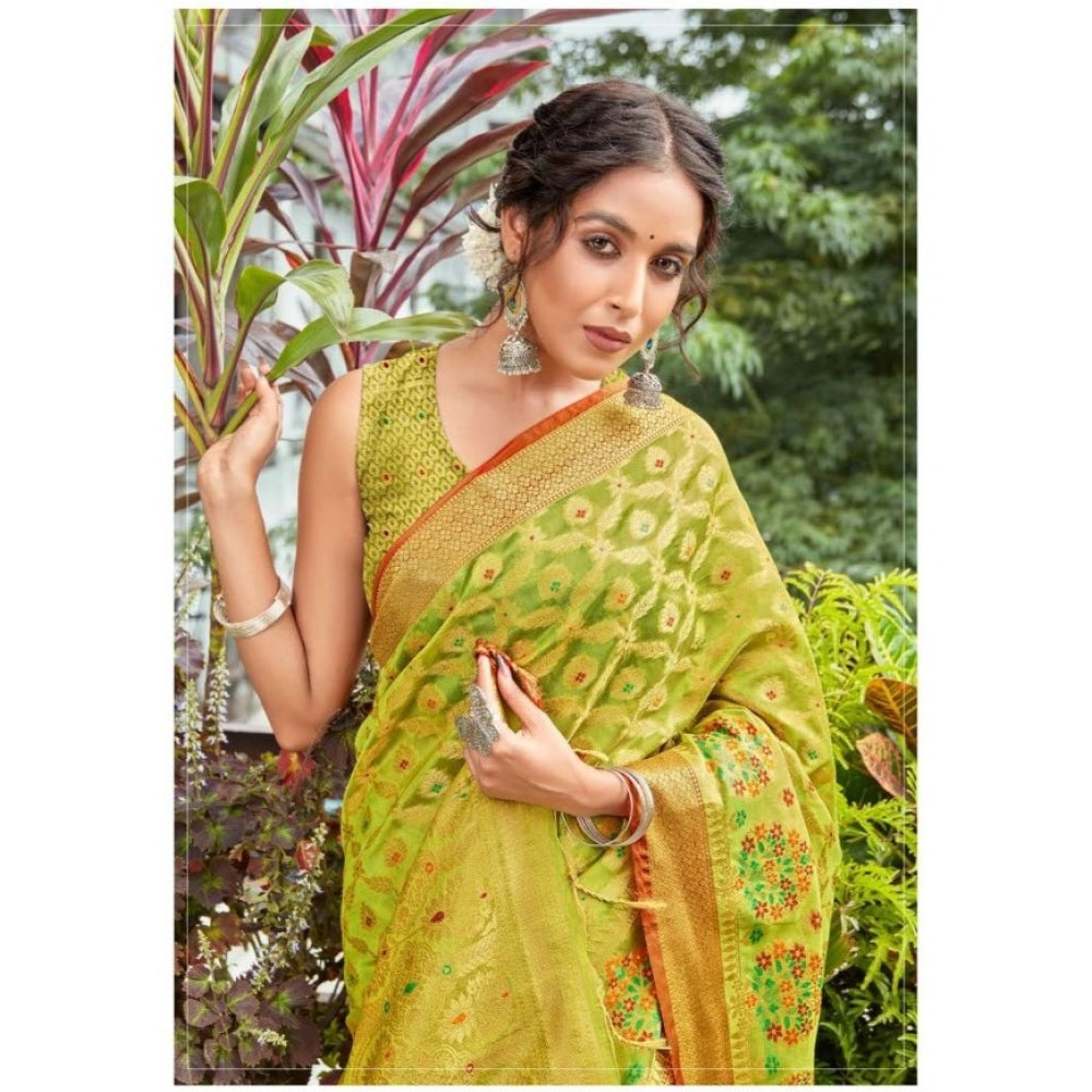 Generic Women's Organza Printed Saree With Unstitched Blouse (Olive, 5-6 Mtrs)