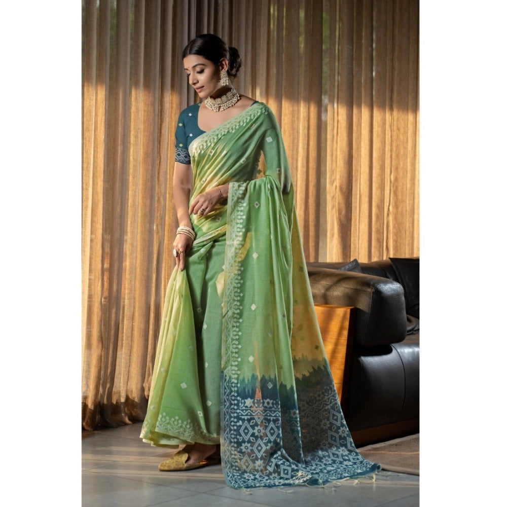 Generic Women's Mulmul Cotton Printed Saree With Unstitched Blouse (Green, 5-6 Mtrs)