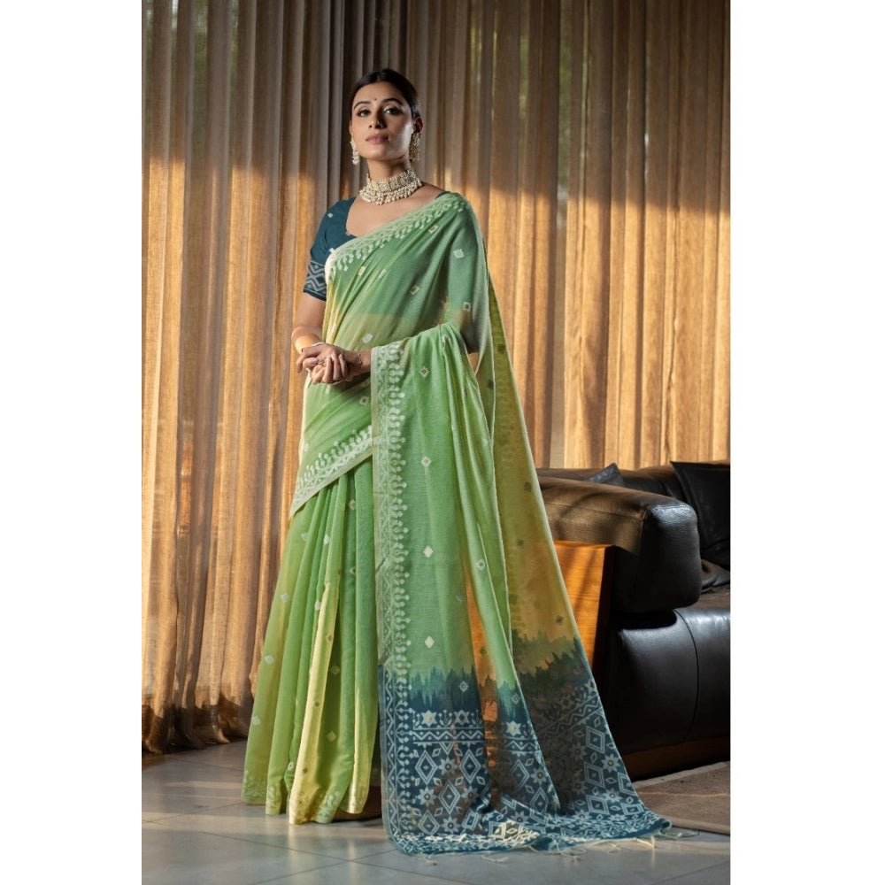 Generic Women's Mulmul Cotton Printed Saree With Unstitched Blouse (Green, 5-6 Mtrs)