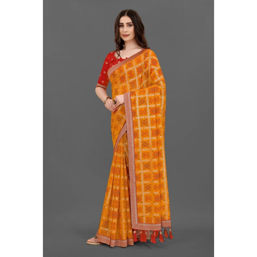 Generic Women's Soft Silk Printed Saree With Unstitched Blouse (Mustard, 5-6 Mtrs)