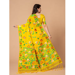 Generic Women's Cotton Printed Saree With Unstitched Blouse (Yellow, 5-6 Mtrs)