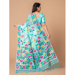 Generic Women's Cotton Printed Saree With Unstitched Blouse (Sky Blue, 5-6 Mtrs)