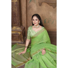 Generic Women's Soft Linen Striped Saree With Unstitched Blouse (Green, 5-6 Mtrs)