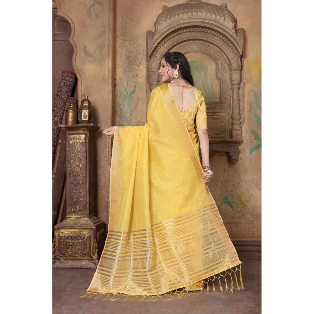 Generic Women's Soft Linen Striped Saree With Unstitched Blouse (Yellow, 5-6 Mtrs)