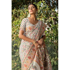 Generic Women's Linen Printed Saree With Unstitched Blouse (Off-White, 5-6 Mtrs)