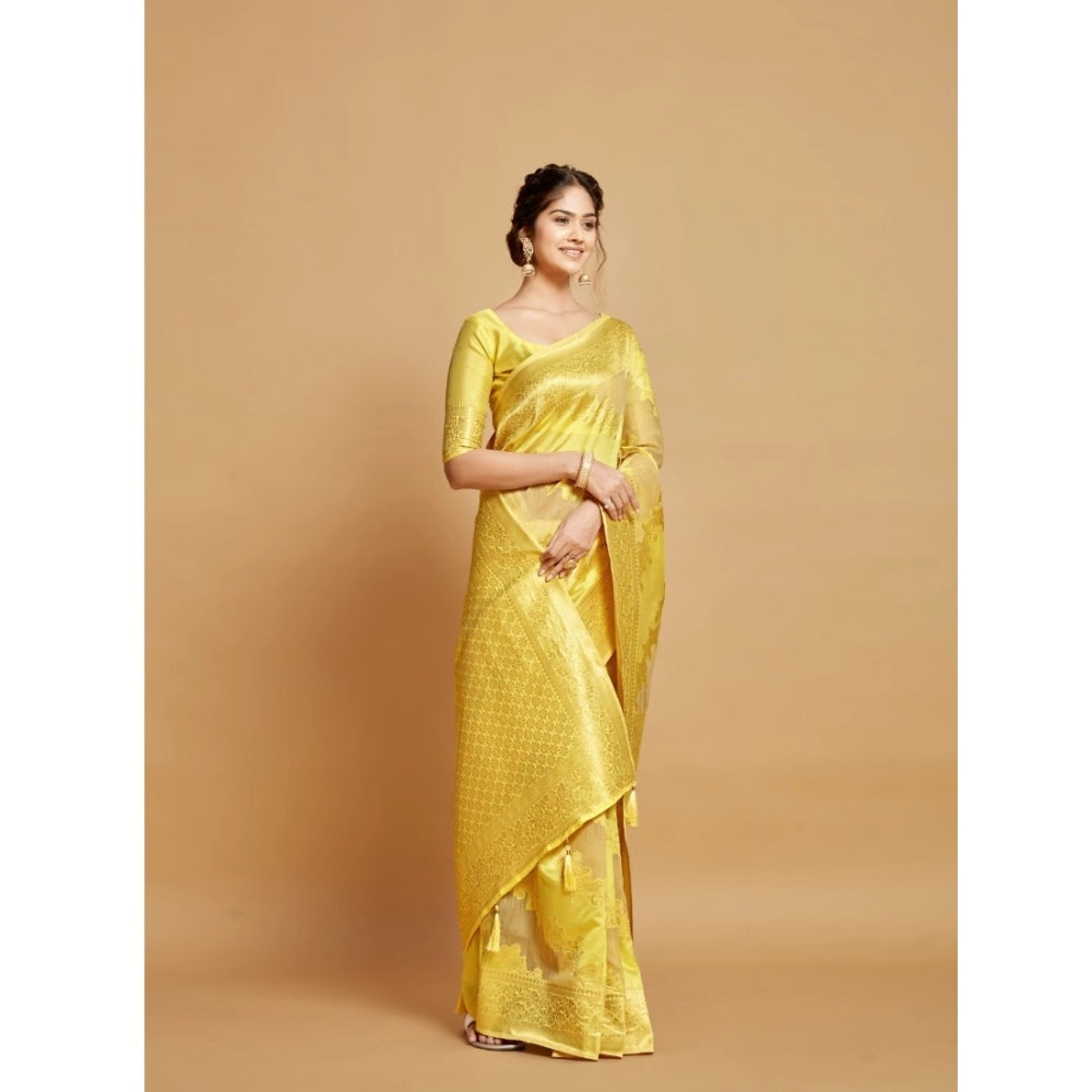 Generic Women's Linen Printed Saree With Unstitched Blouse (Yellow, 5-6 Mtrs)