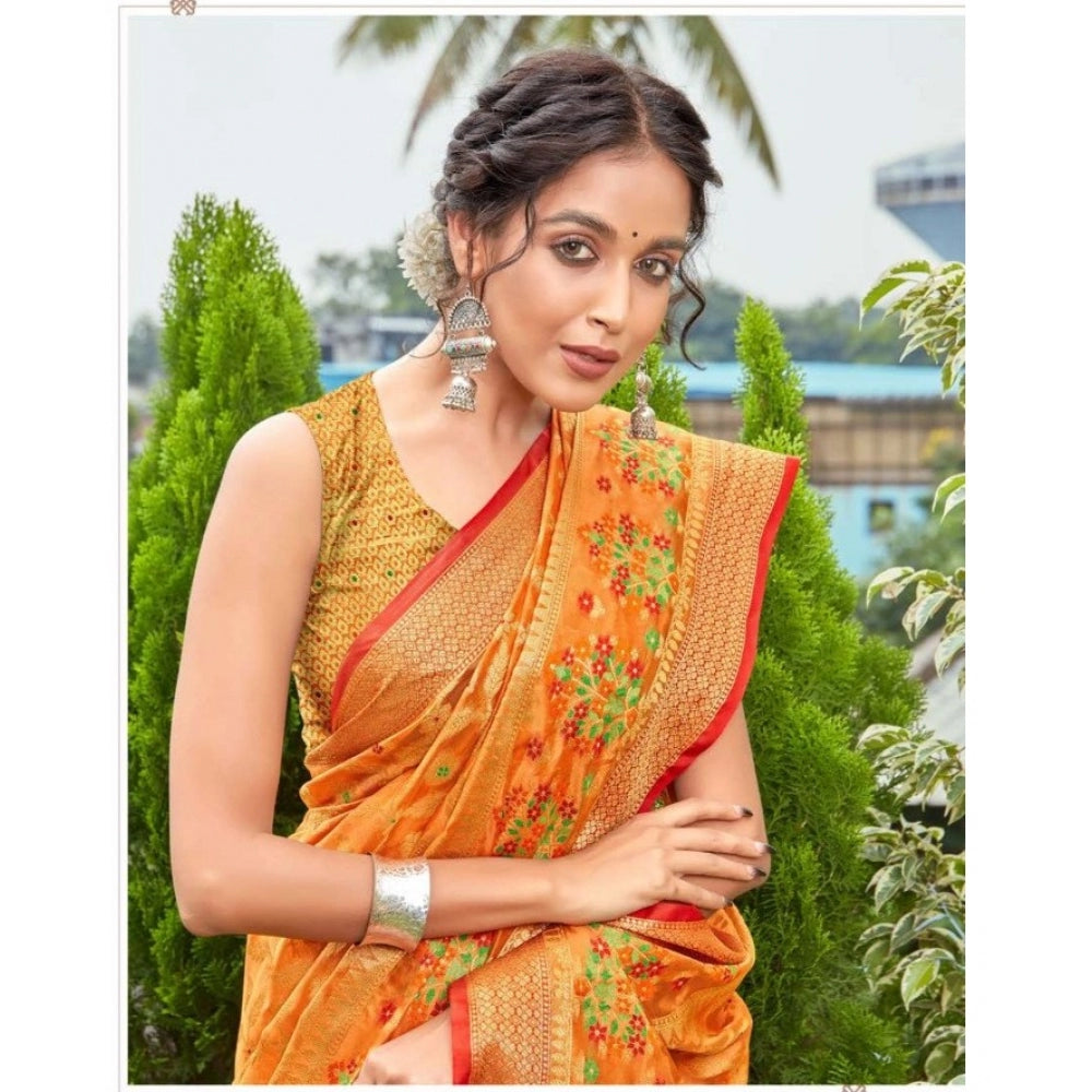 Generic Women's Organza Printed Saree With Unstitched Blouse (Orange, 5-6 Mtrs)