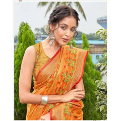 Generic Women's Organza Printed Saree With Unstitched Blouse (Orange, 5-6 Mtrs)