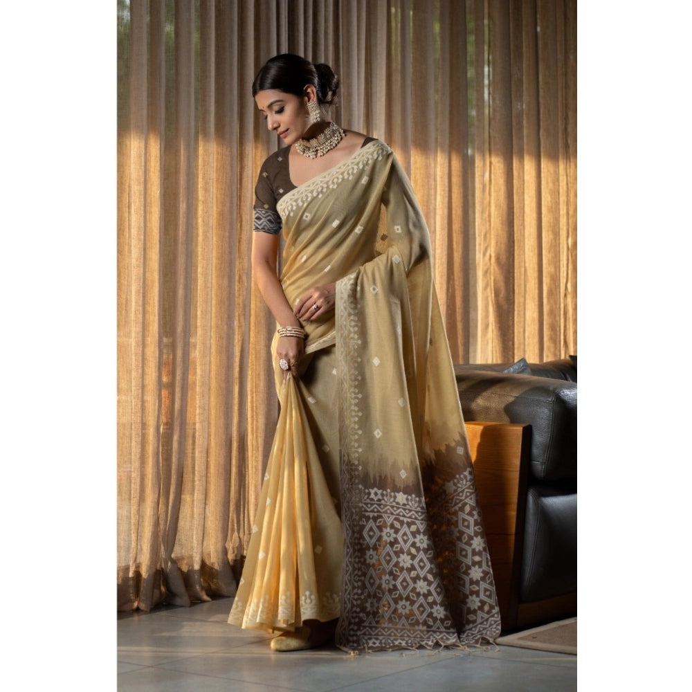 Generic Women's Mulmul Cotton Printed Saree With Unstitched Blouse (Beige, 5-6 Mtrs)