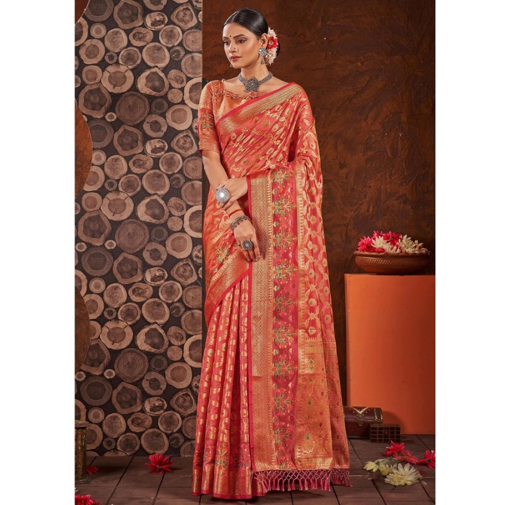 Generic Women's Organza Printed Saree With Unstitched Blouse (Red, 5-6 Mtrs)