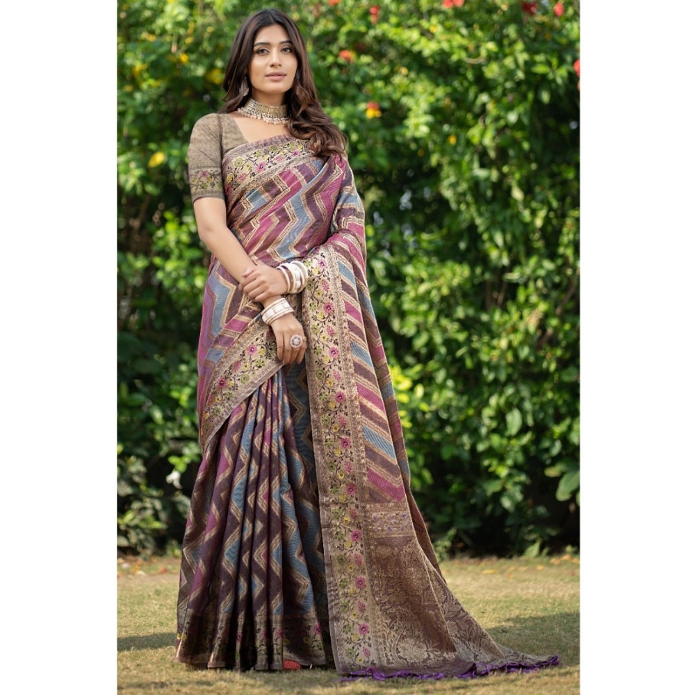 Generic Women's Organza Printed Saree With Unstitched Blouse (Wine, 5-6 Mtrs)